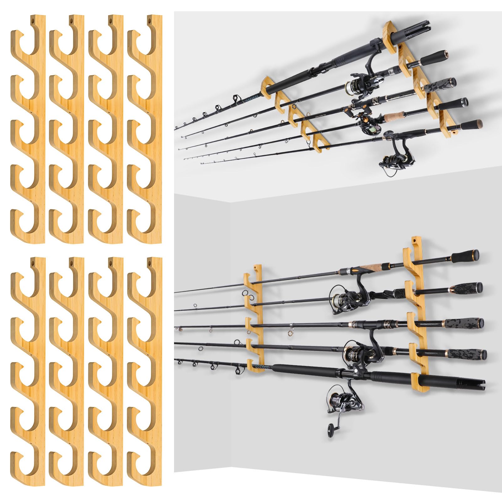 Wall-mounted PLUSINNO WH5 wooden fishing rod holder
