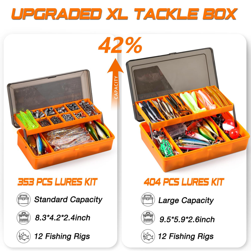 XL tackle box opened showing 404 pcs kit