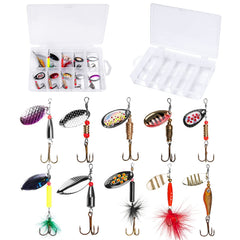 PLUSINNO 10-piece spinner lure kit with carry bag, inline spinner and tail-spinner designs