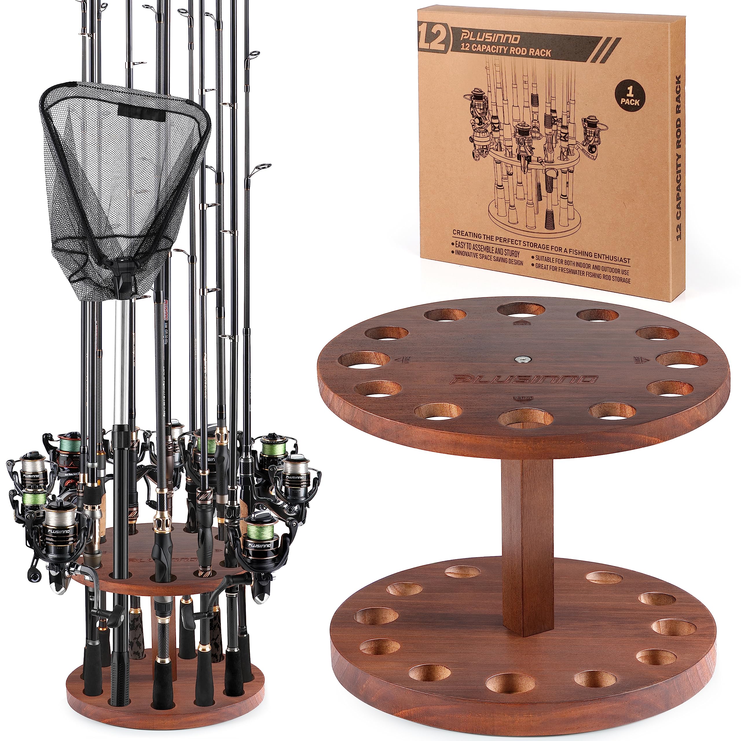 PLUSINNO V12 round wooden fishing rod holder for garage