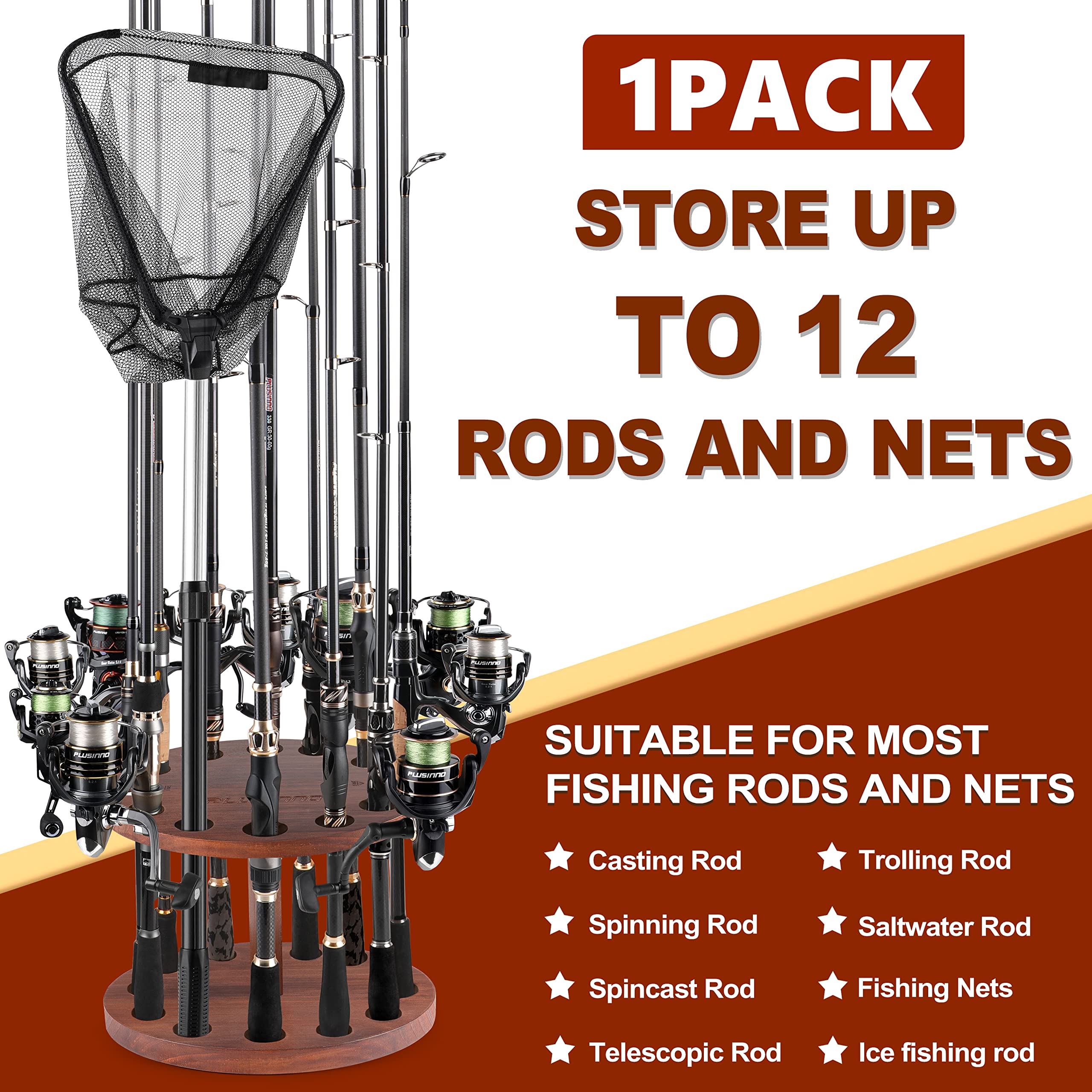 Wooden round floor stand storing up to 12 fishing rods in a garage