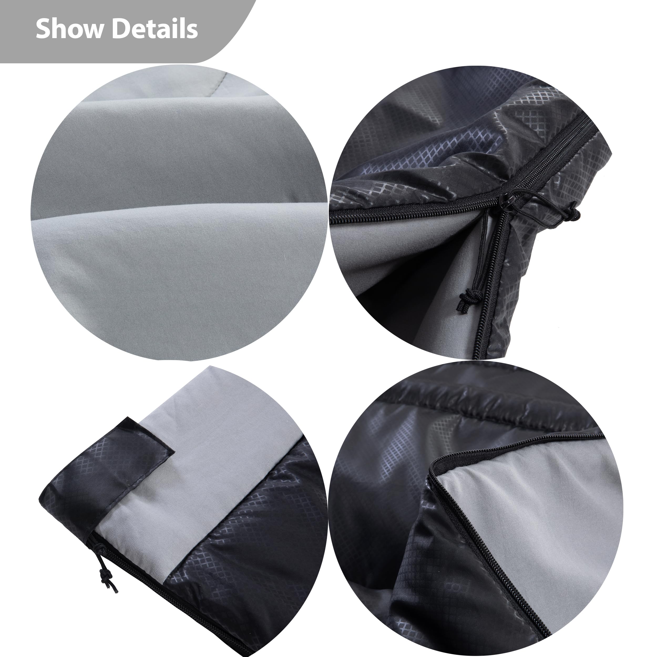 PO PO BEAR sleeping bag left zip illustrates customizable entry across setups for solo use.