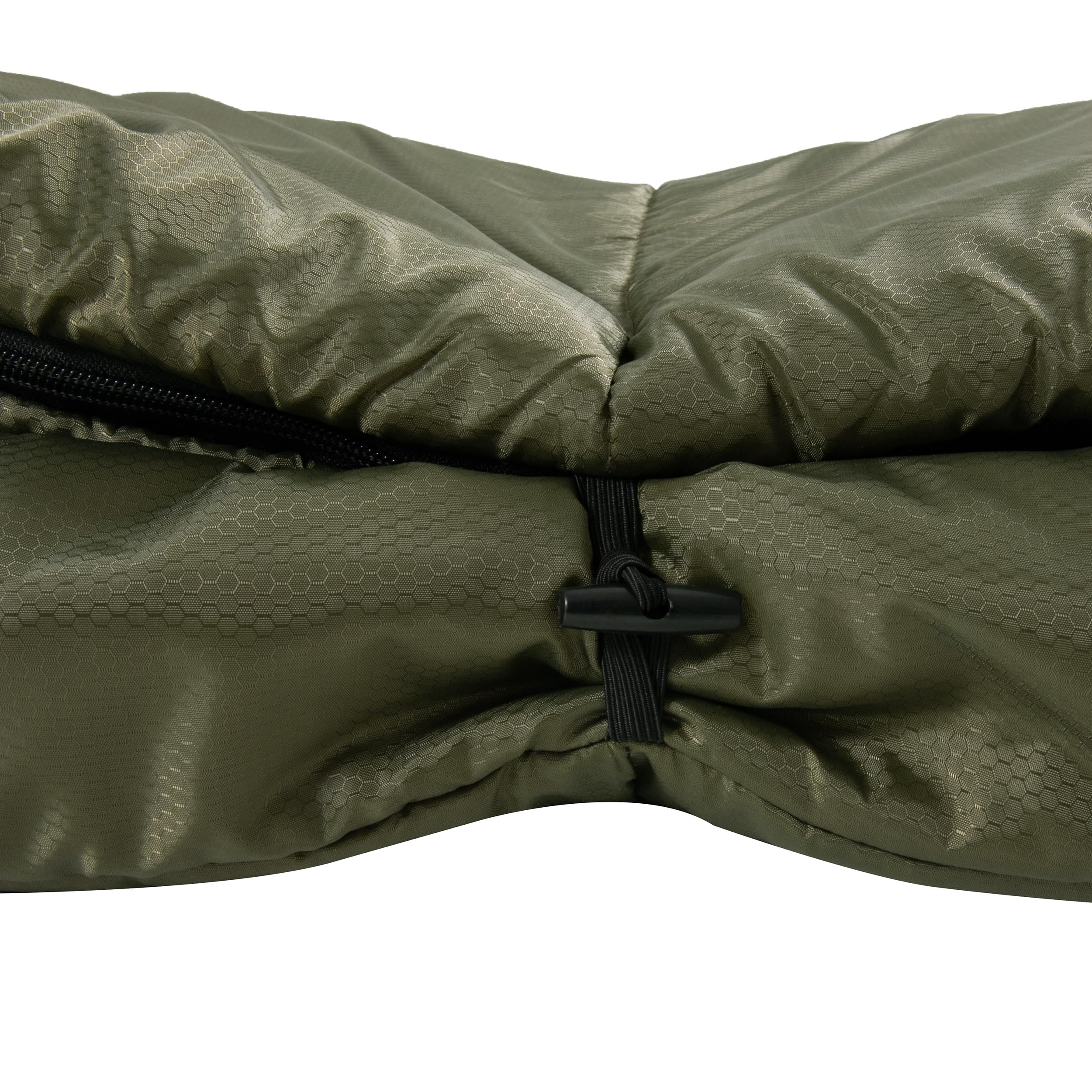 PO PO BEAR Zero Degree Sleeping Bag green fabric close-up emphasizes 100% cotton flannel and care.