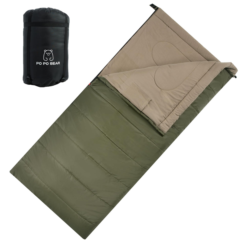 PO PO BEAR Zero Degree Sleeping Bag green close-up of soft cotton flannel for cozy warmth.