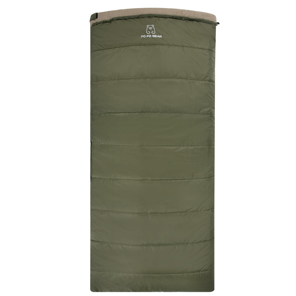 PO PO BEAR Zero Degree Sleeping Bag green full view shows roomy 84 by 40 inch size.