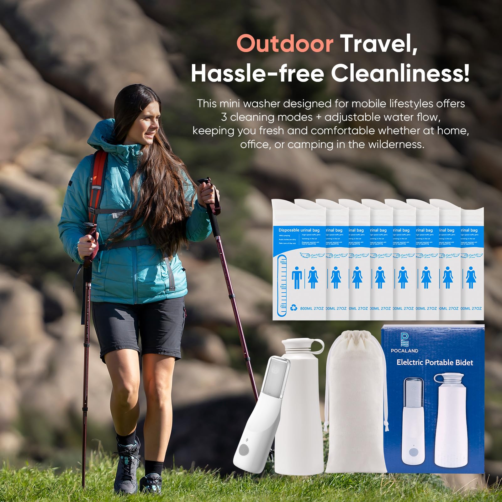 POCALAND compact travel kit containing bidet and eight bags for trips