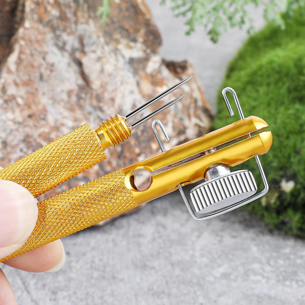 Compact knot tying tool held in hand