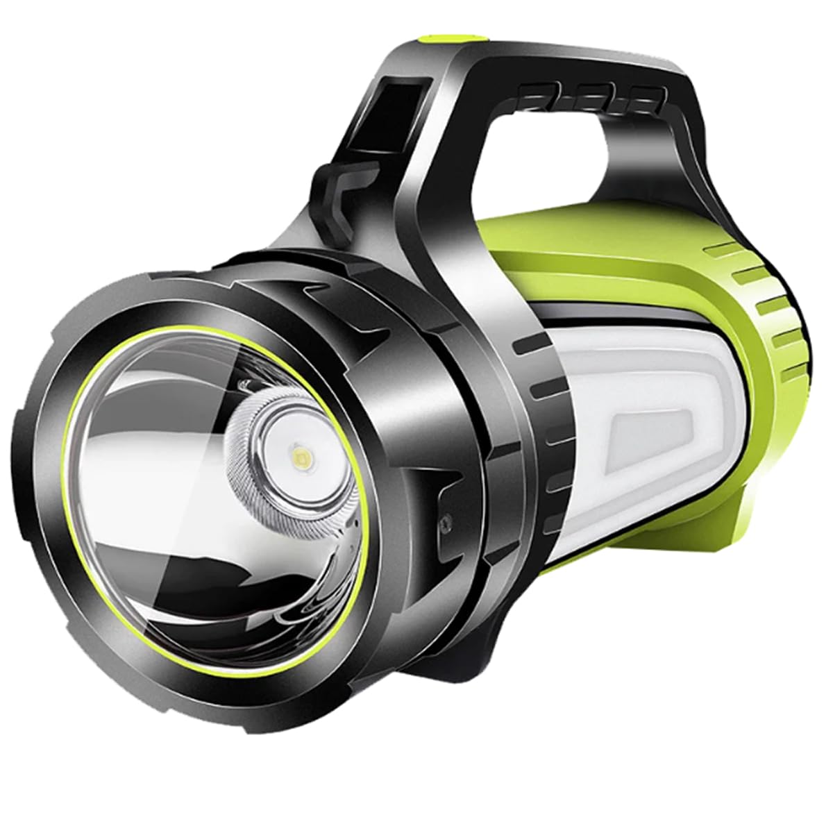 Pocketman LED searchlight handle with ergonomic grip and top hanging ring for versatile use.