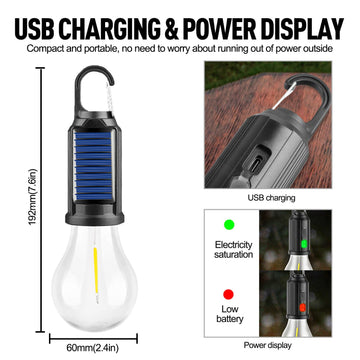 Pocketman Rechargeable Tent Light charges via USB or solar for flexible power.