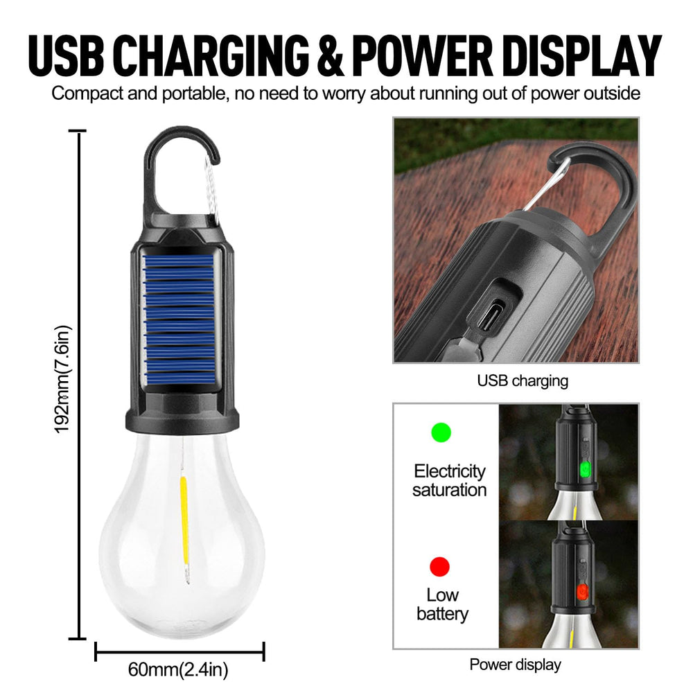 Pocketman Rechargeable Tent Light charges via USB or solar for flexible power.