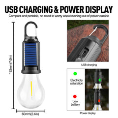 Pocketman Rechargeable Tent Light charges via USB or solar for flexible power.