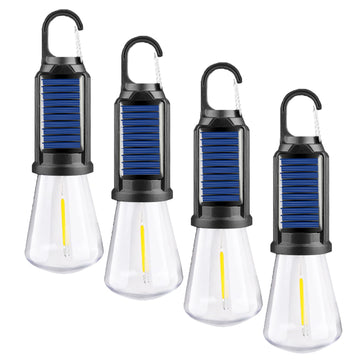 Pocketman solar tent light with clip hook, ideal for hands-free camping tasks.