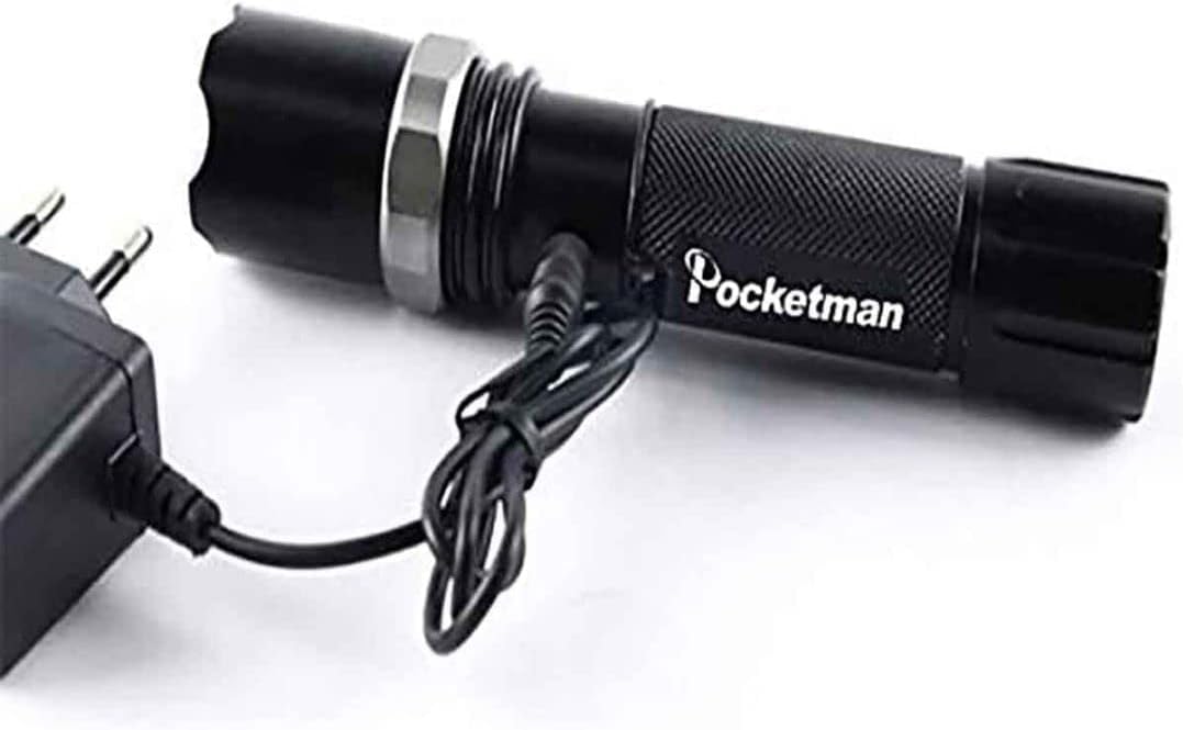 Pocketman U2 LED flashlight shown with dual charging options for versatility.