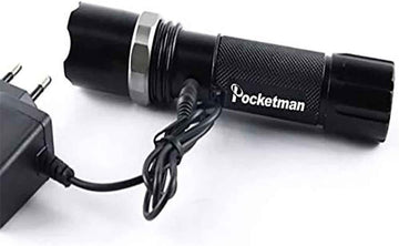 Pocketman U2 LED flashlight shown with dual charging options for versatility.