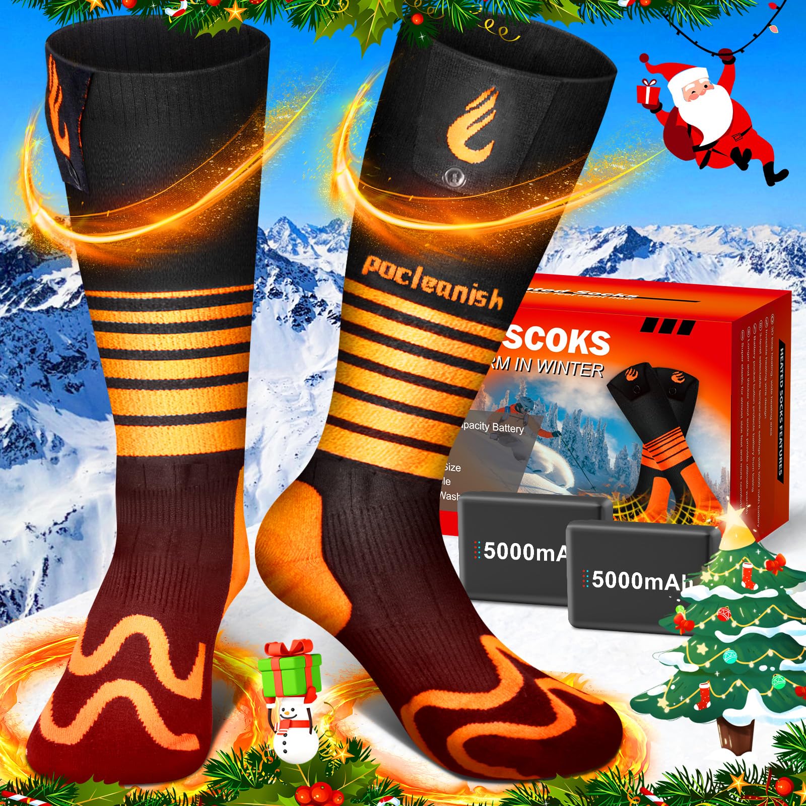Pocleanish heated socks ideal for hunting, camping, hiking, and skiing.