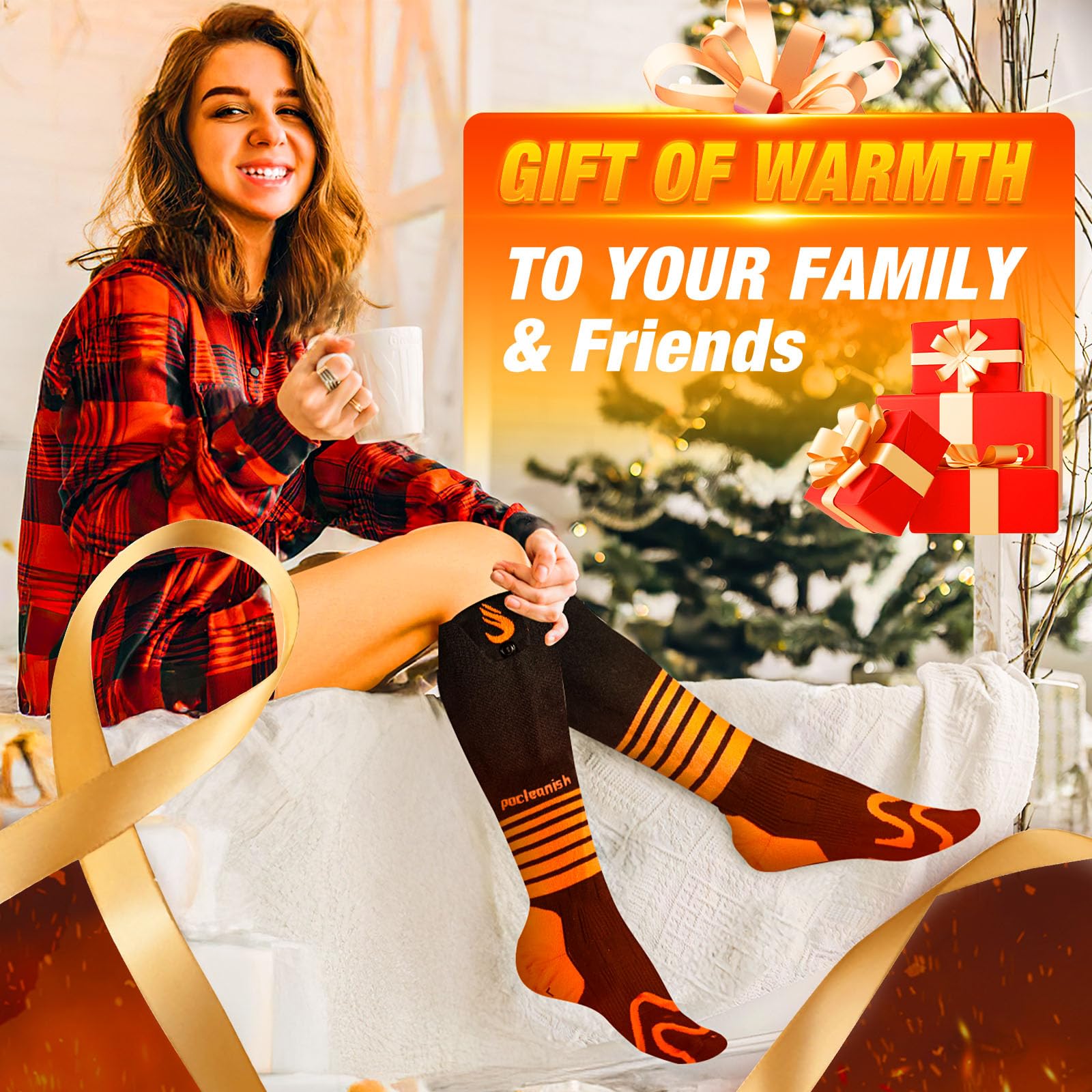 Pocleanish heated socks size-range tag confirms US 5–14 fit.