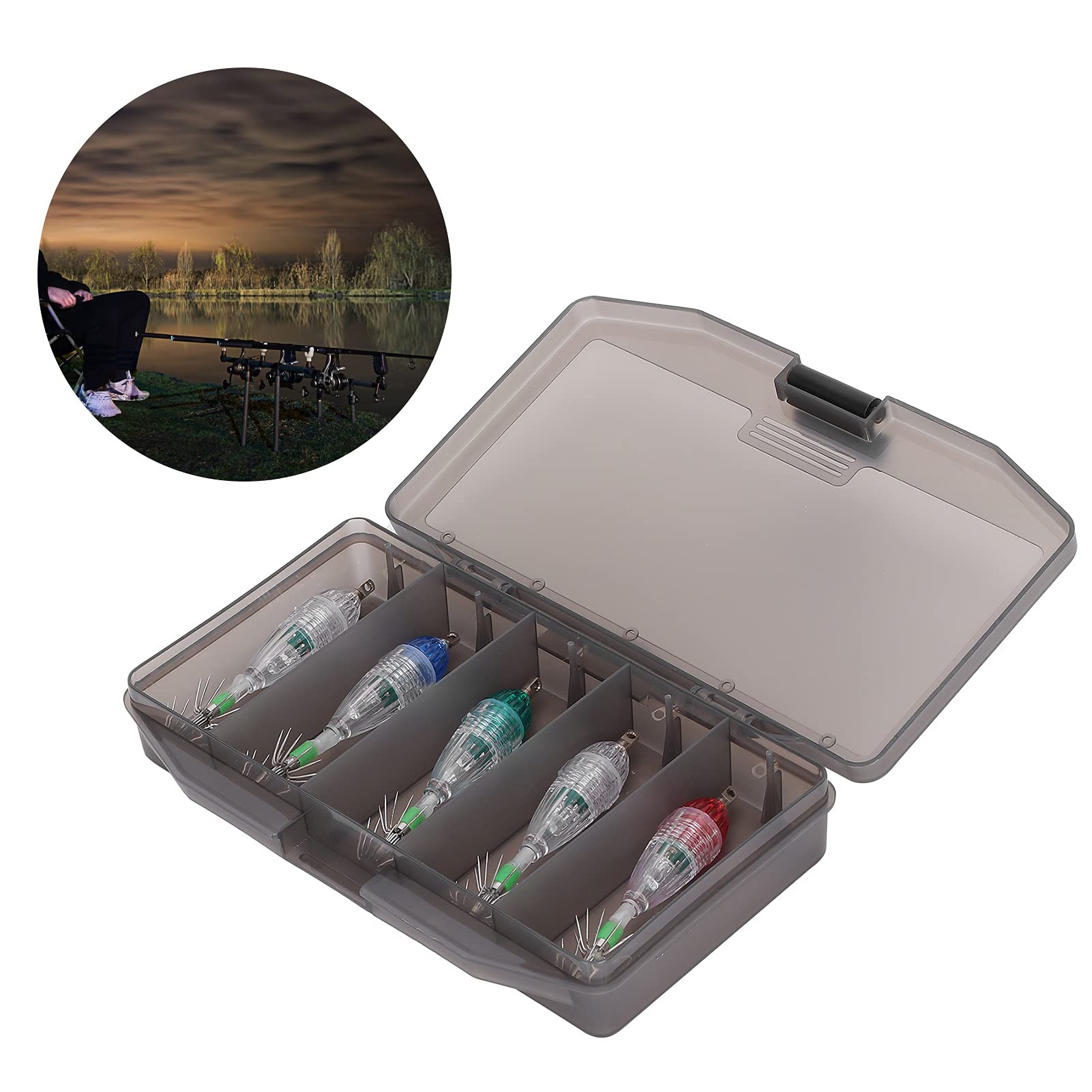 Night fishing setup showing lure lights attracting fish