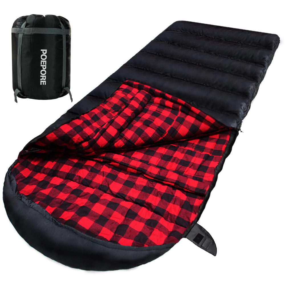 POEPORE 0-degree sleeping bag extended design for roomy comfort in cold weather.