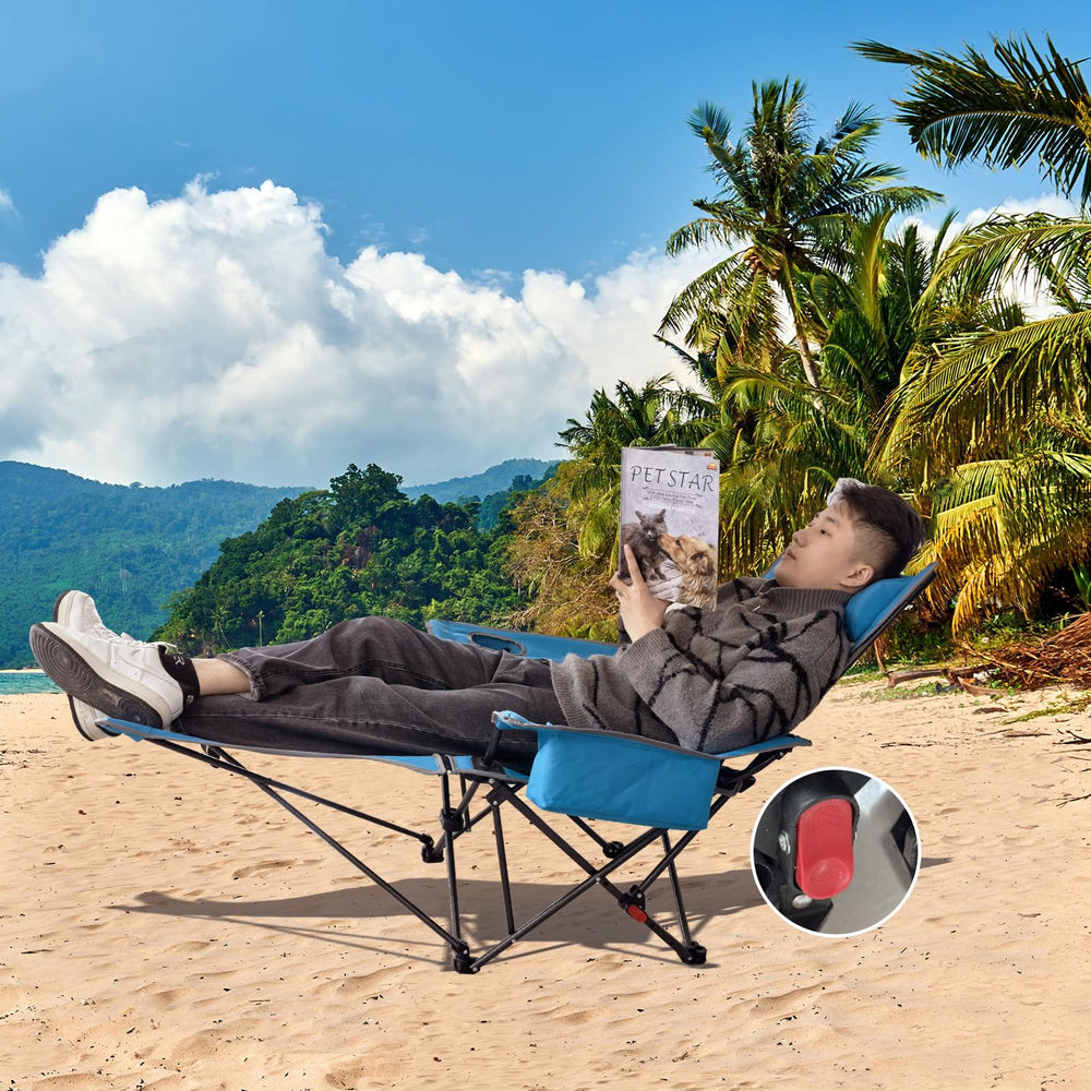 POEPORE folding camping chair shown with cooler bag for drinks outdoors.