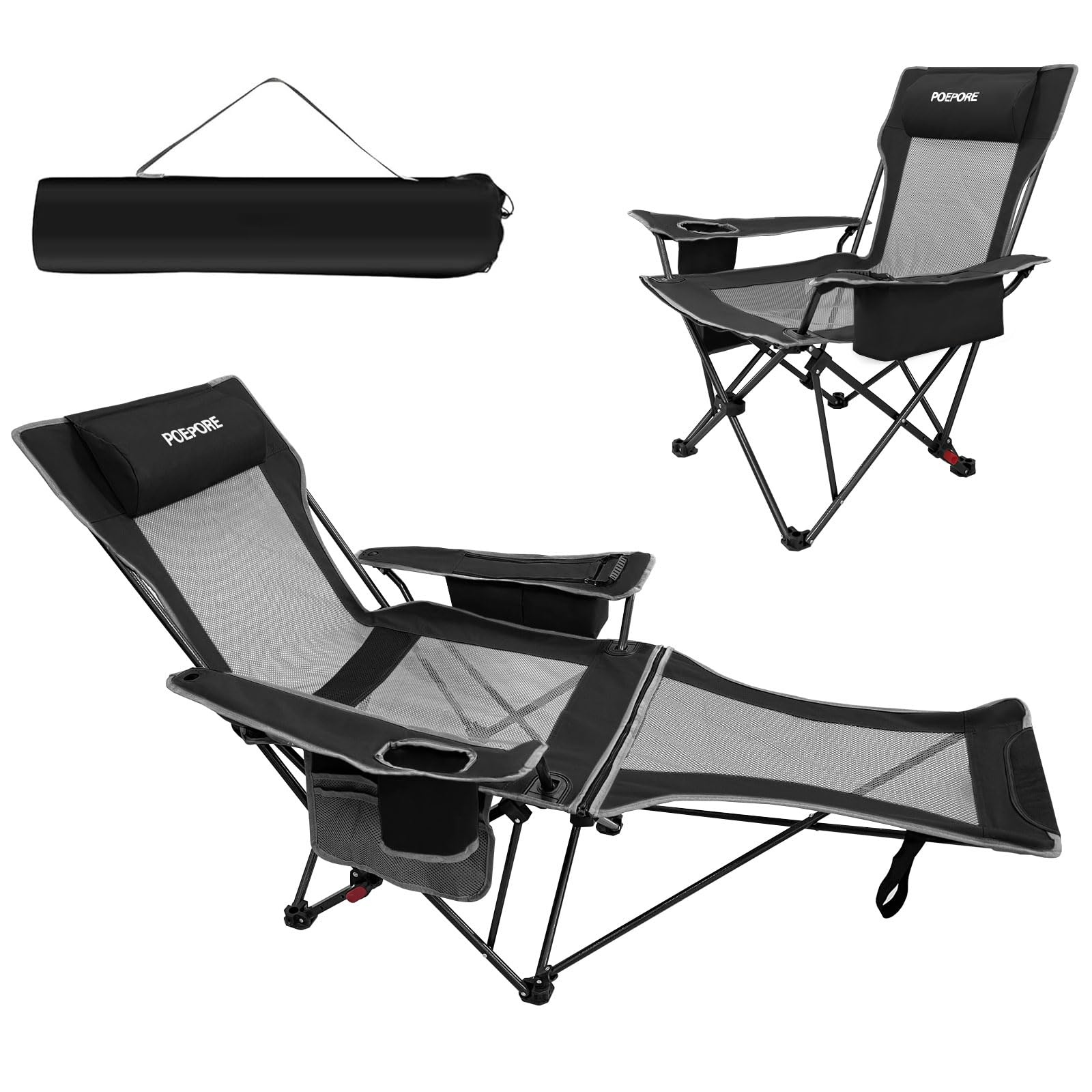 POEPORE reclining camping chair with detachable footrest for customizable outdoor comfort.