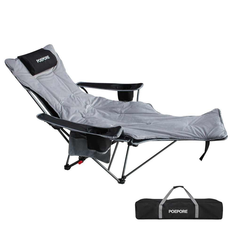 POEPORE reclining camping chair with footrest and headrest in black for relaxed outdoor seating