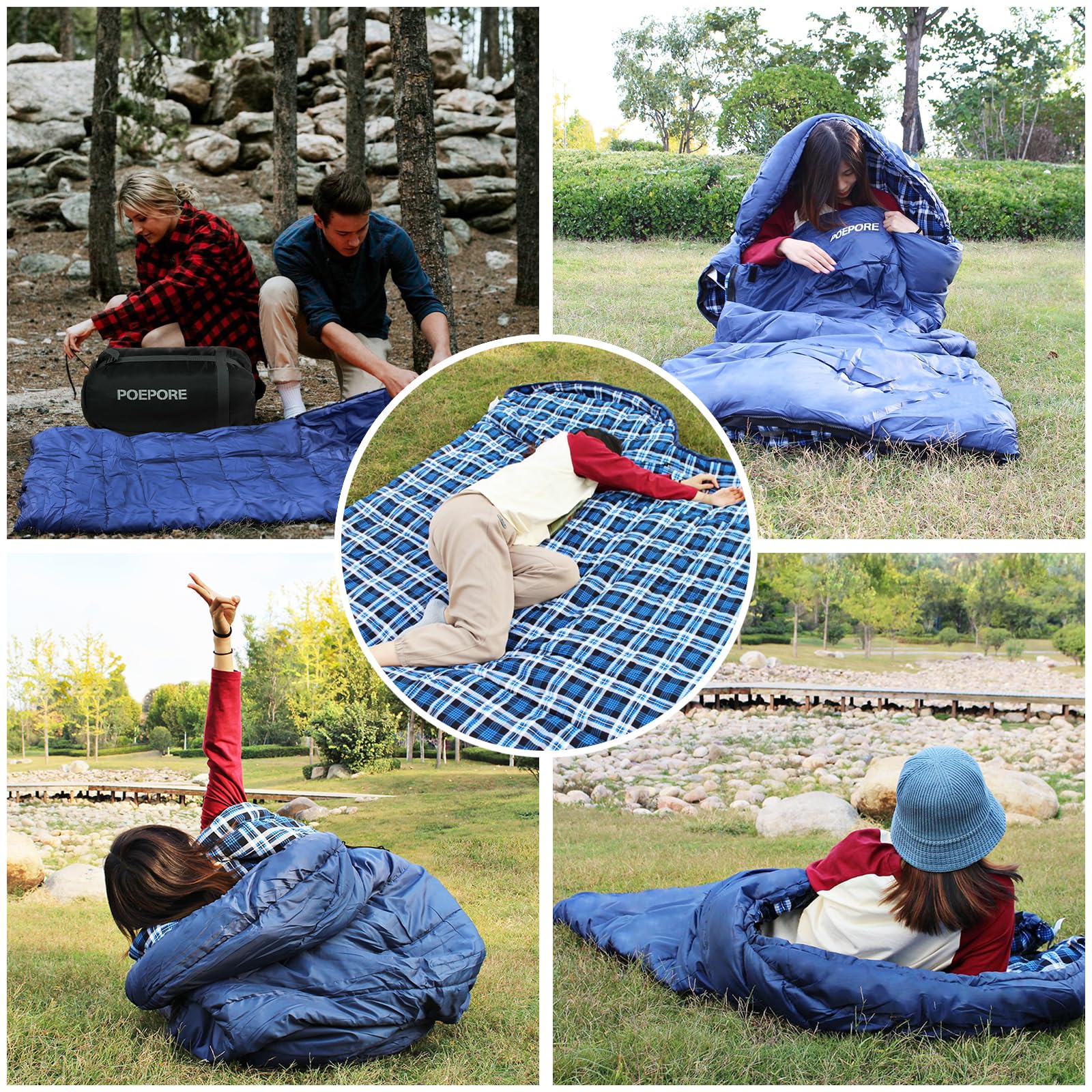 POEPORE sleeping bag shown in camping scene for outdoor use