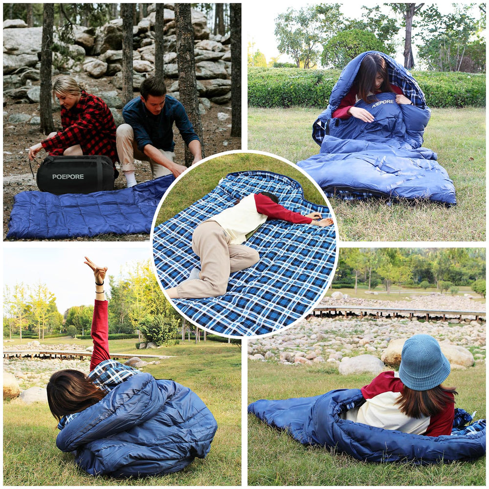 POEPORE sleeping bag shown in camping scene for outdoor use