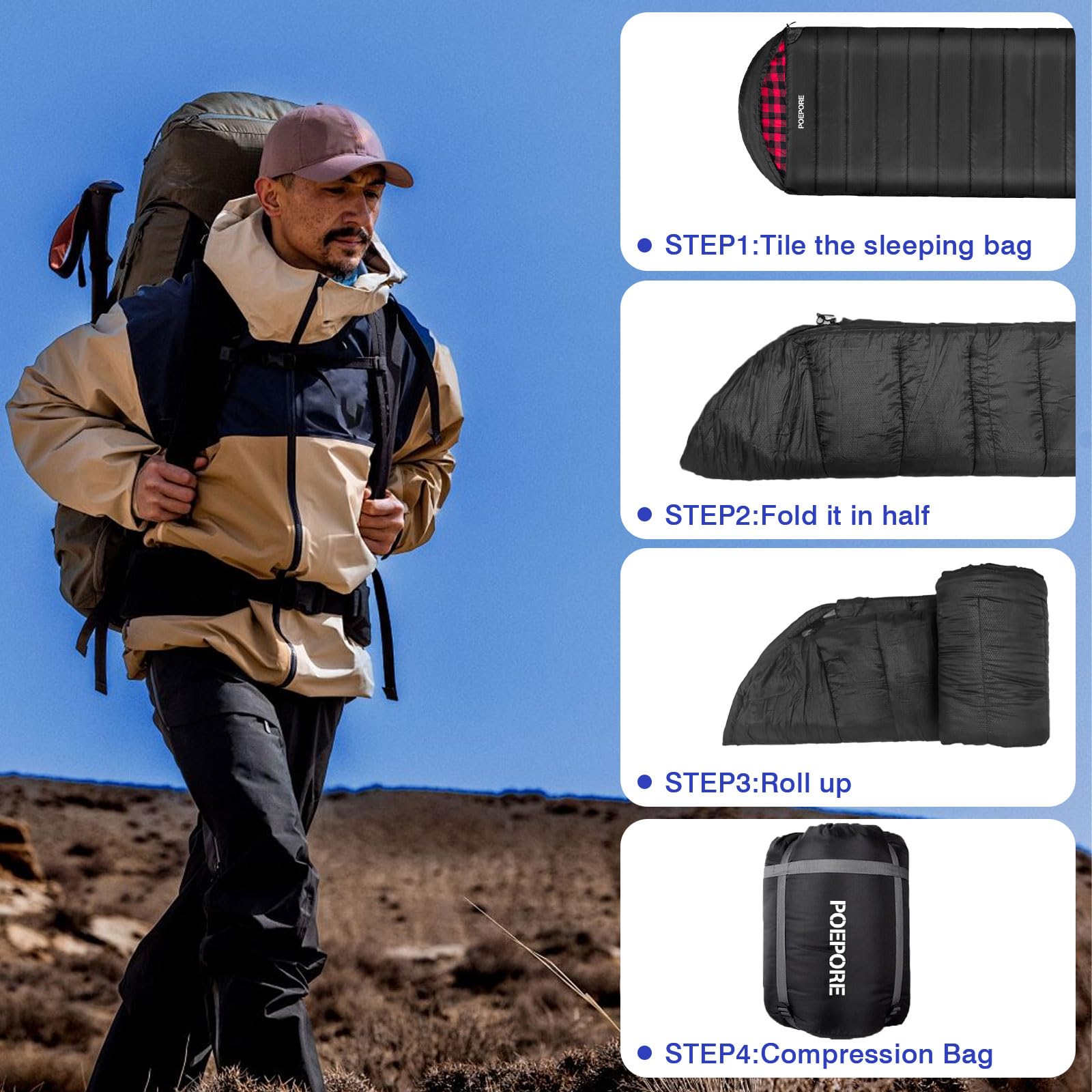 POEPORE compression sack demonstrates easy packing and portability.