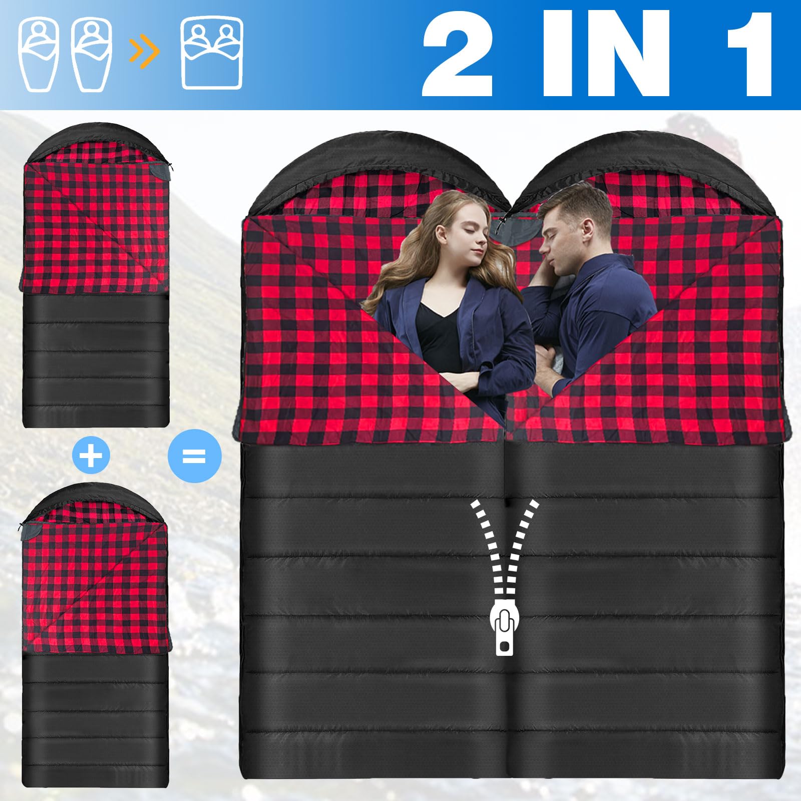POEPORE double-zipper compatibility shows ability to form a double sleeping bag.