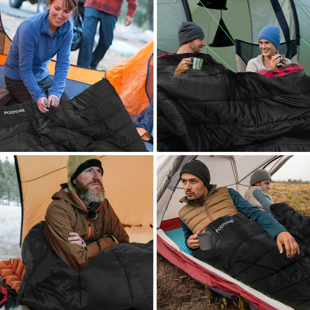 POEPORE sleeping bag in camp setup illustrates versatile indoor or outdoor use.
