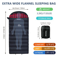POEPORE XXL sleeping bag with flannel lining delivers soft warmth on chilly camp nights.