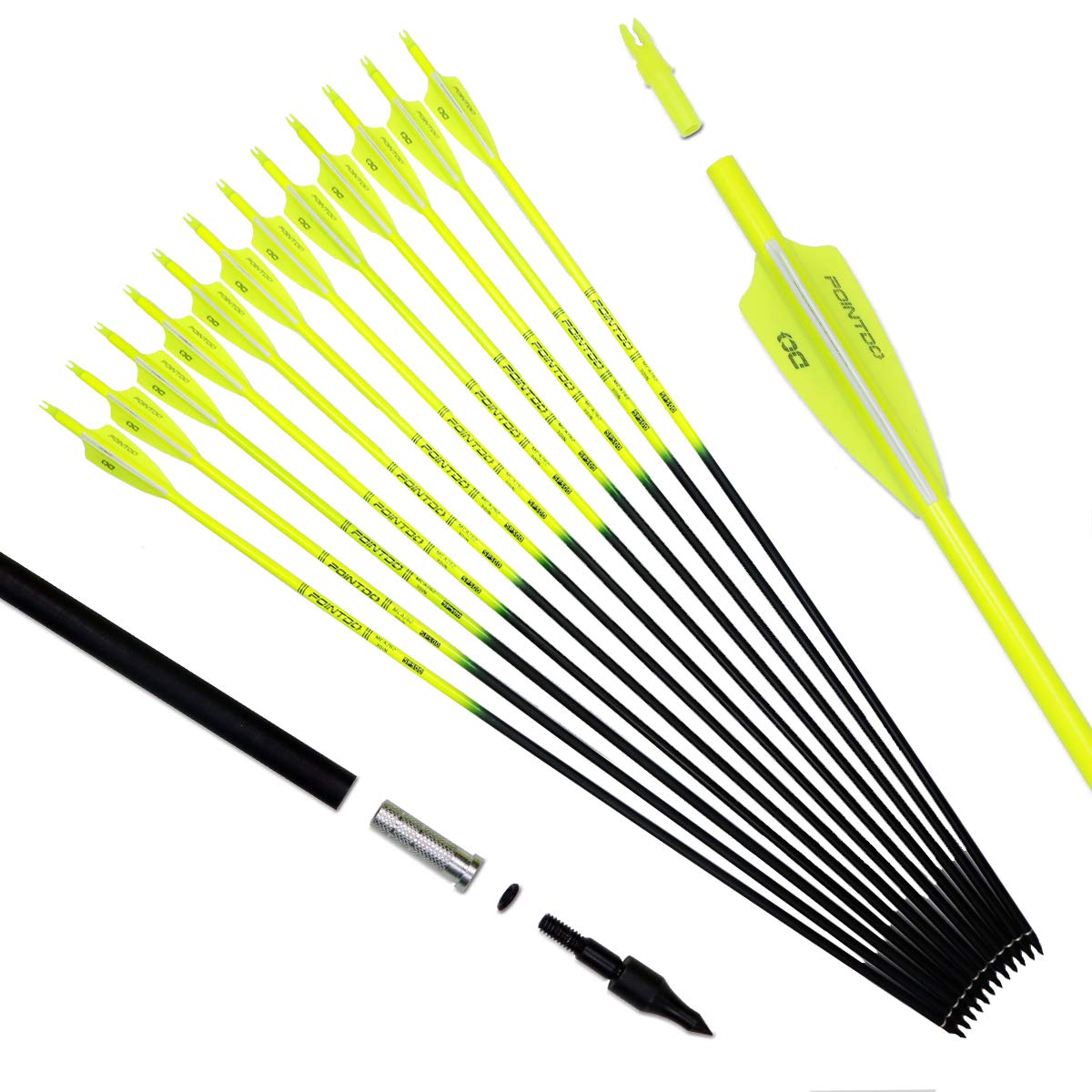 Pointdo 30-inch carbon arrow shaft in fluorescein yellow helps fast target identification.