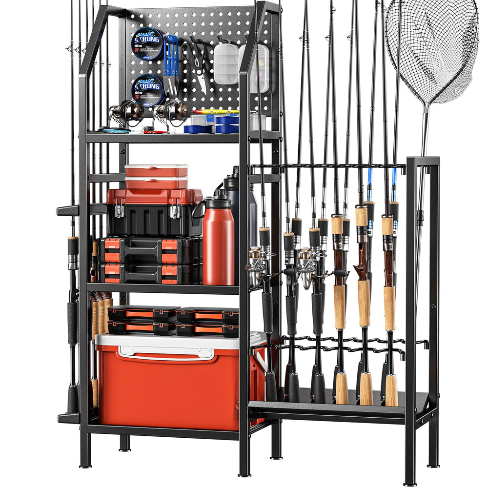 POKIPO three-tier fishing rod holder mounted on a garage wall