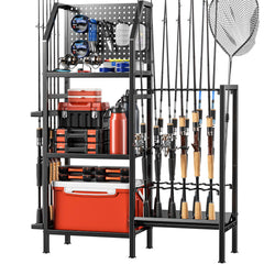 POKIPO three-tier fishing rod holder mounted on a garage wall