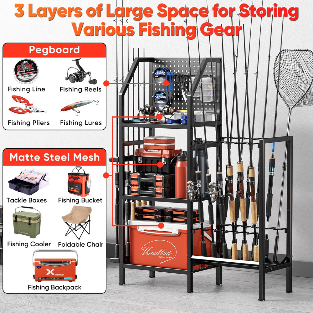 Heavy-duty iron frame fishing rod rack with 200 lb capacity