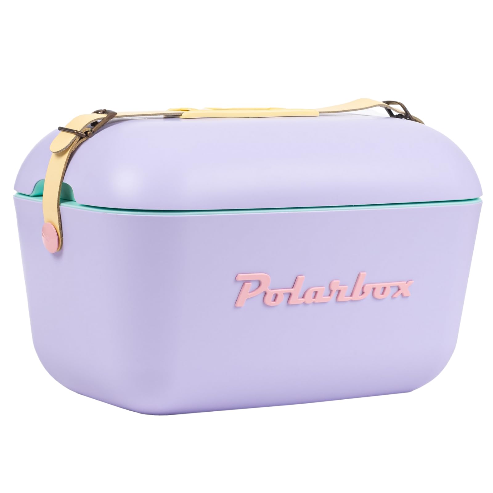 Polarbox lilac retro cooler front view, portable picnic essential for easy transport.