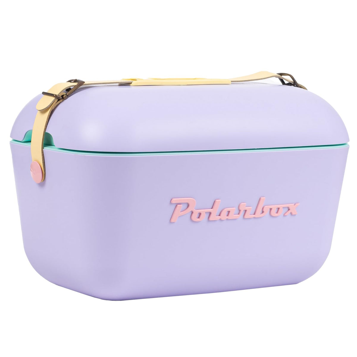 Polarbox lilac retro cooler front view, portable picnic essential for easy transport.