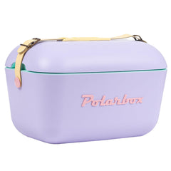 Polarbox lilac retro cooler front view, portable picnic essential for easy transport.