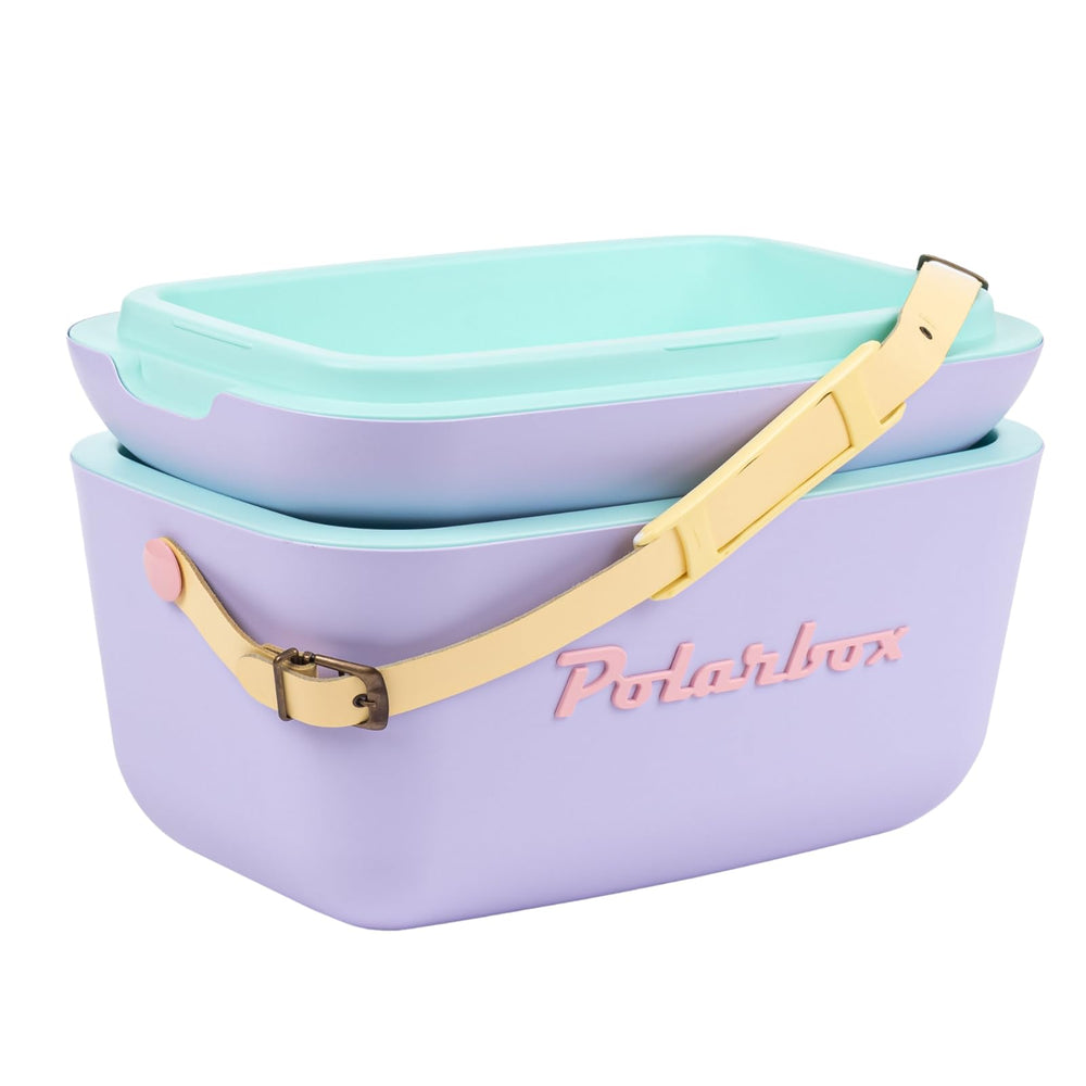 Polarbox lilac retro cooler open lid reveals ample 20L capacity for drinks and snacks.