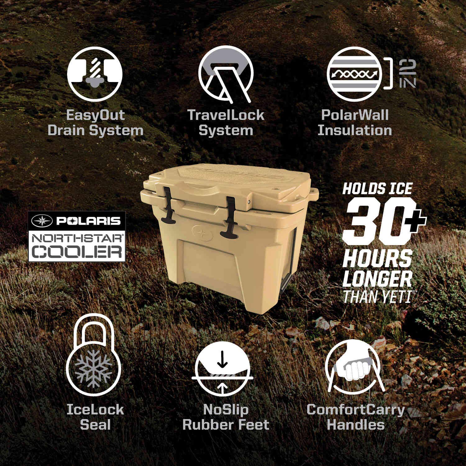 Polaris NorthStar 30 Qt cooler rapid-drain feature in action during refreshment break