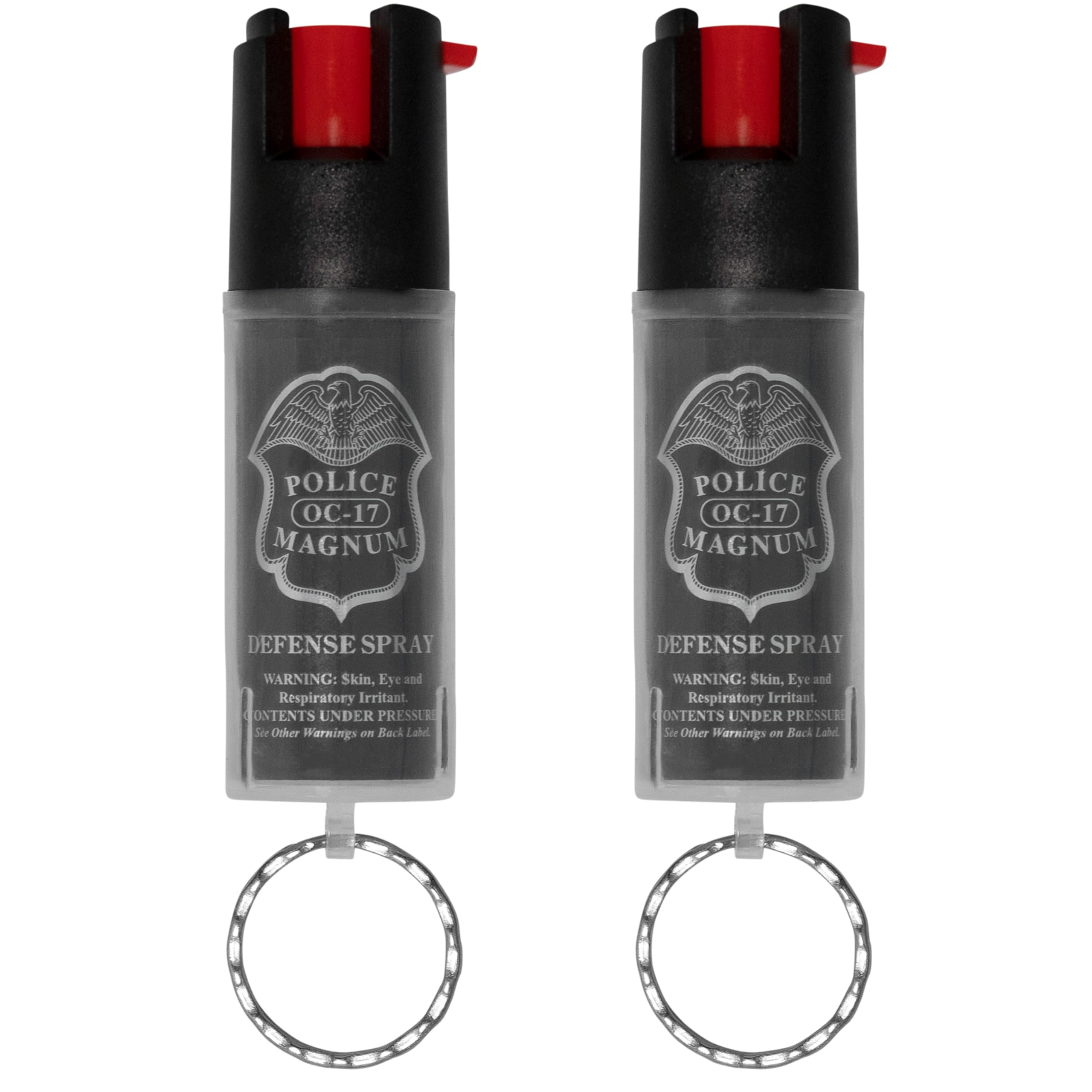 Police Magnum pepper spray keychain set with red sleeves for quick access