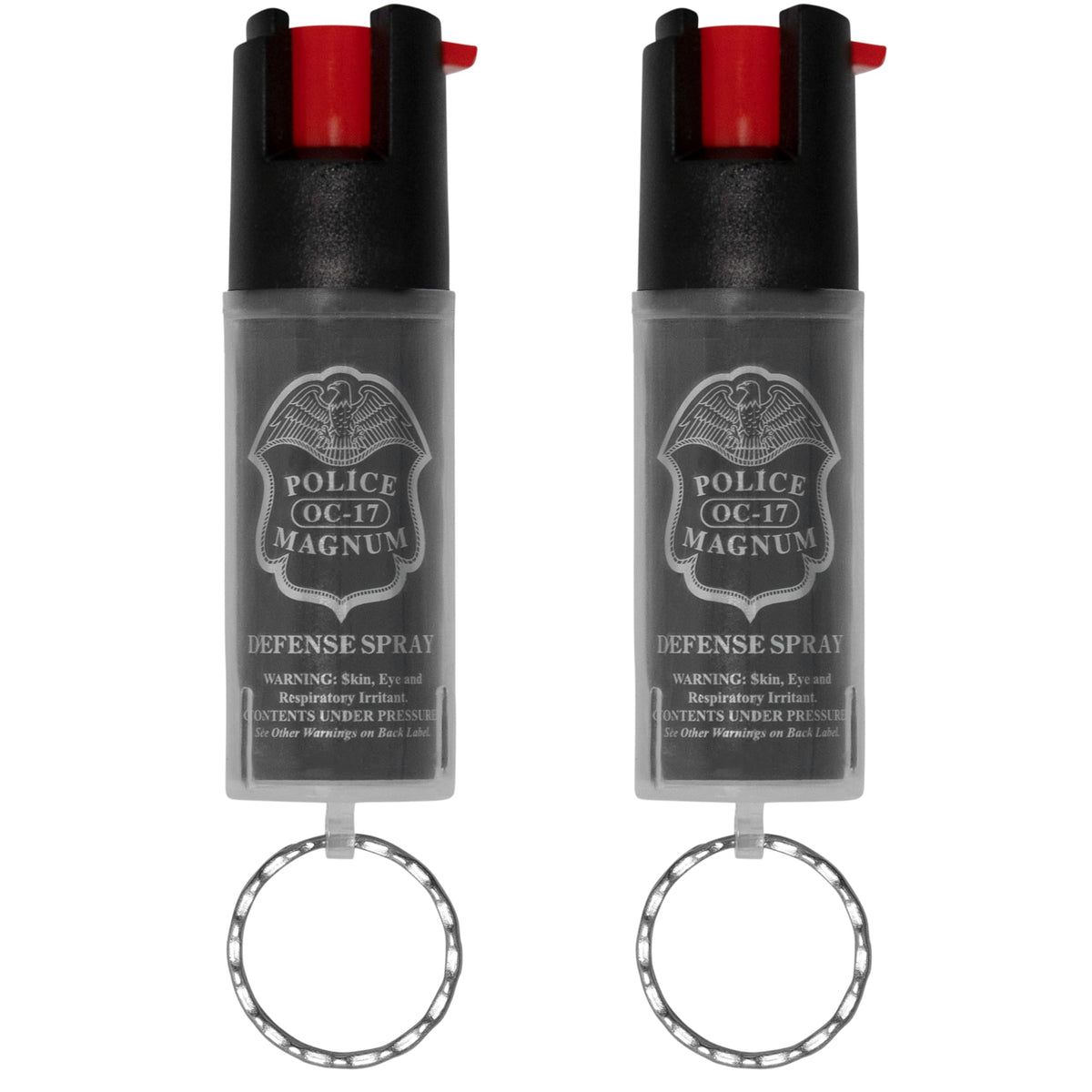 Police Magnum pepper spray keychain set with red sleeves for quick access
