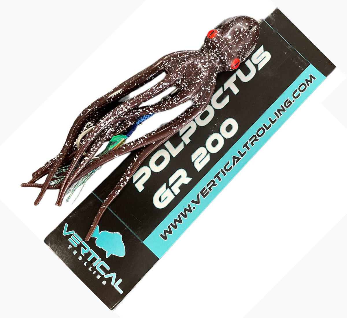 Vertical Trolling Polpoctus 190g brown glitter uv front view shows a lifelike octopus lure for deep-sea fishing.