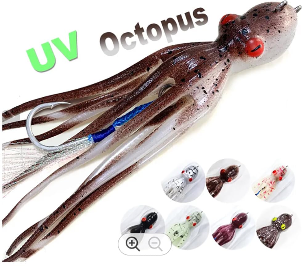 Vertical Trolling Polpoctus 190g brown glitter uv side view highlights soft rubber construction for durability under pressure.