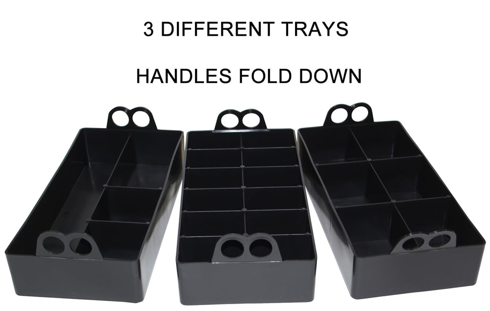 Three stackable polypropylene trays with handles