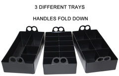 Three stackable polypropylene trays with handles