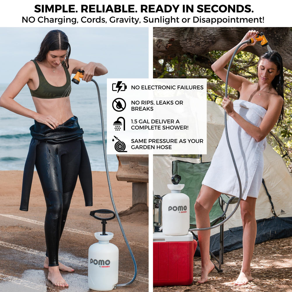 Pomo outdoor shower setup for camping keeps tents and gear rinsed clean