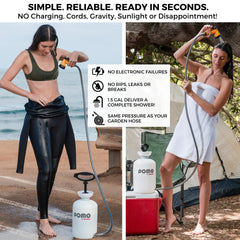 Pomo outdoor shower setup for camping keeps tents and gear rinsed clean