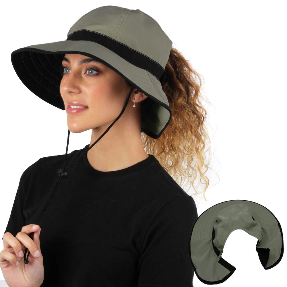 Ponyflo outdoor hat ponytail hole in olive keeps hair tidy on hikes