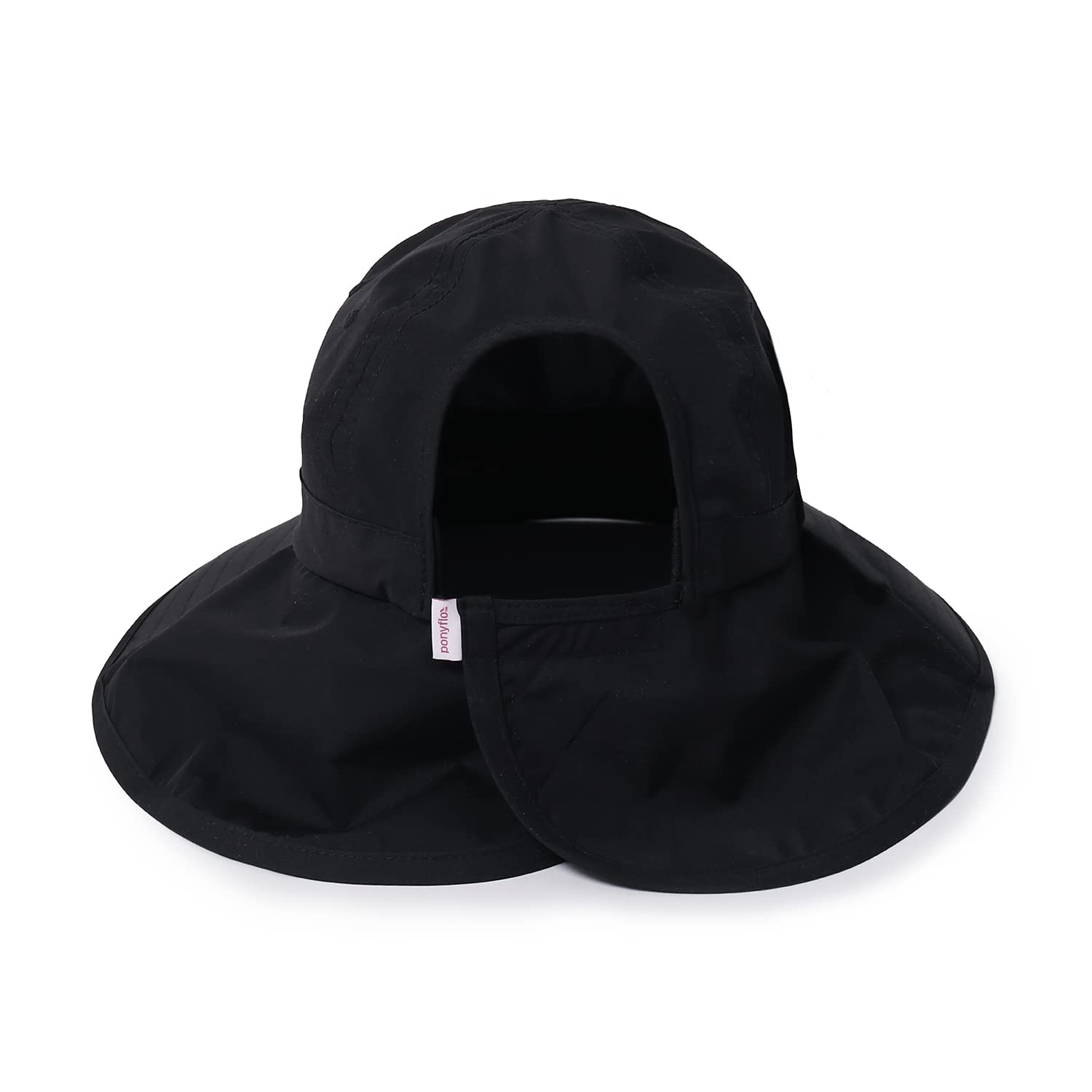Ponyflo Sun Hat Black back view demonstrates full coverage for outdoor days.